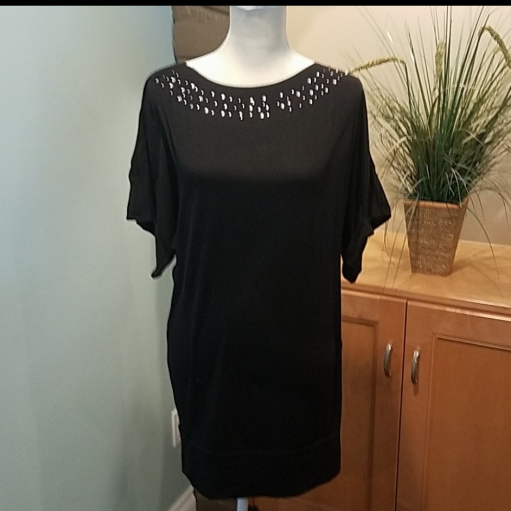 Black Evening Dress w/Embellishments at Neckline and split on Arms, Size Small